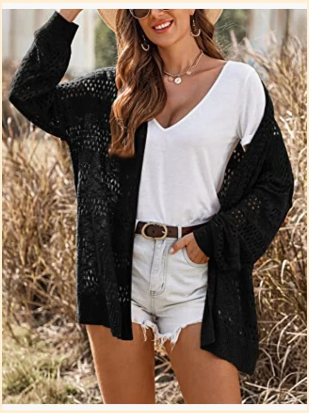 Lightweight Crochet Cardigan Long Sleeve Open Front Knit Oversized